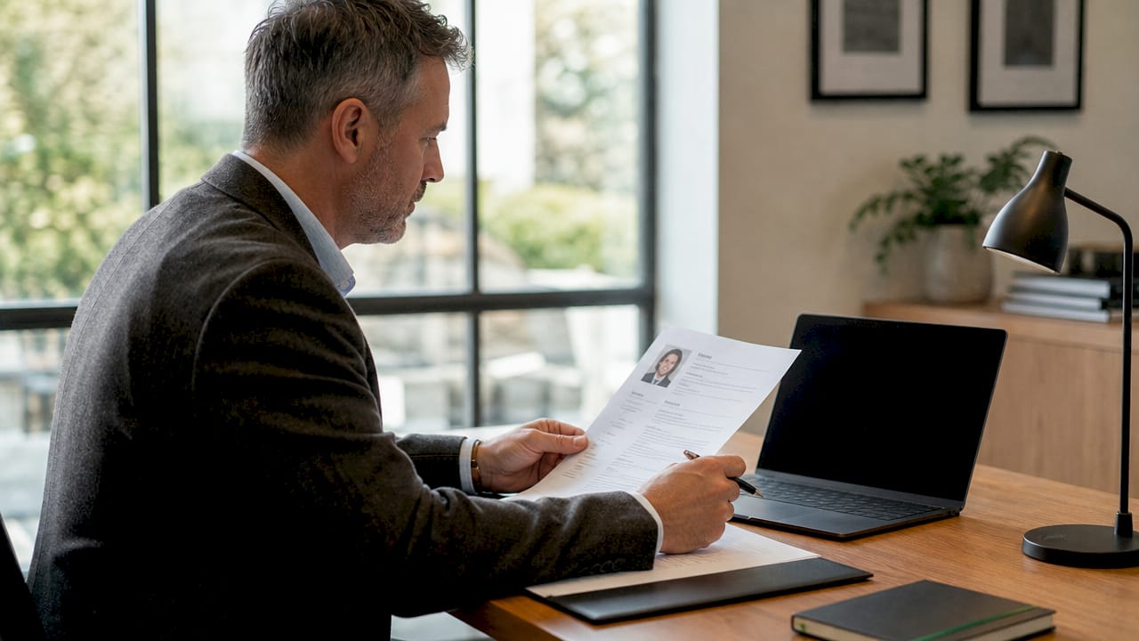 Broker reviewing verified lead documents in office