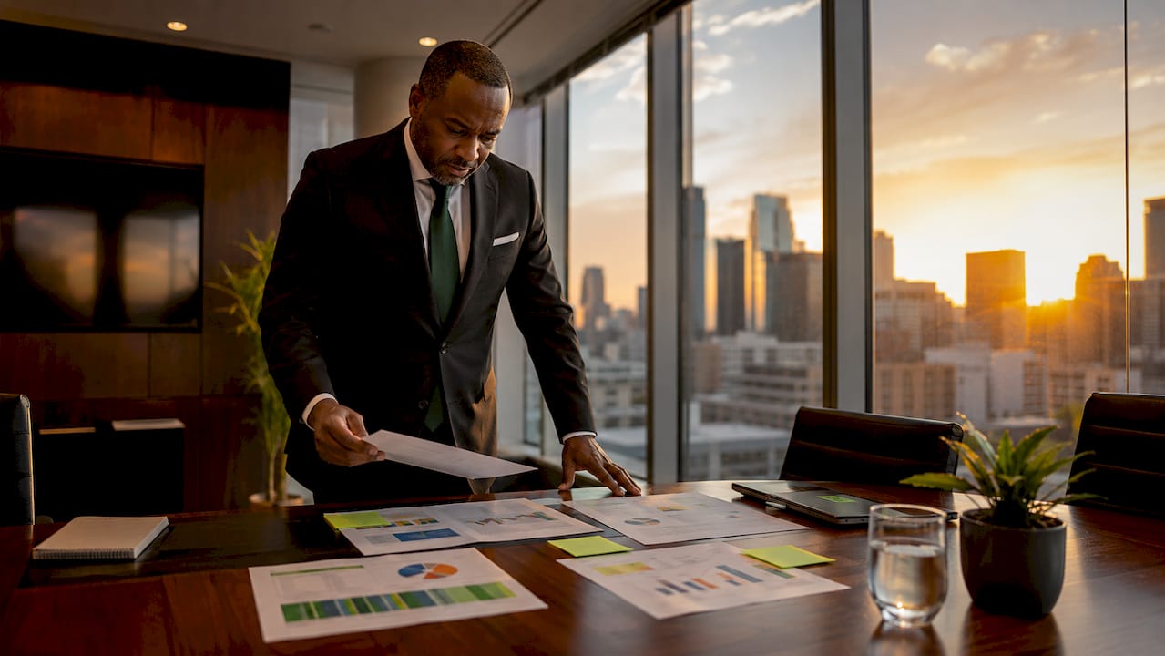Executive reviewing franchise financial reports