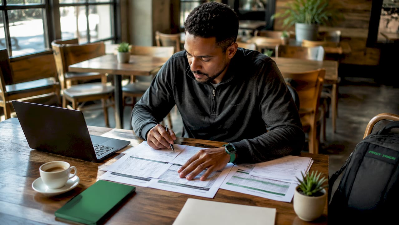 Franchise manager reviewing lead costs at desk
