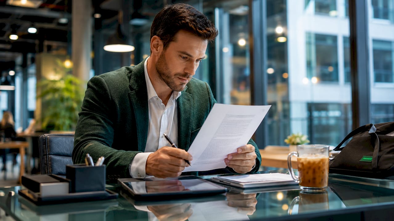 Investor reviewing franchise documents at home desk