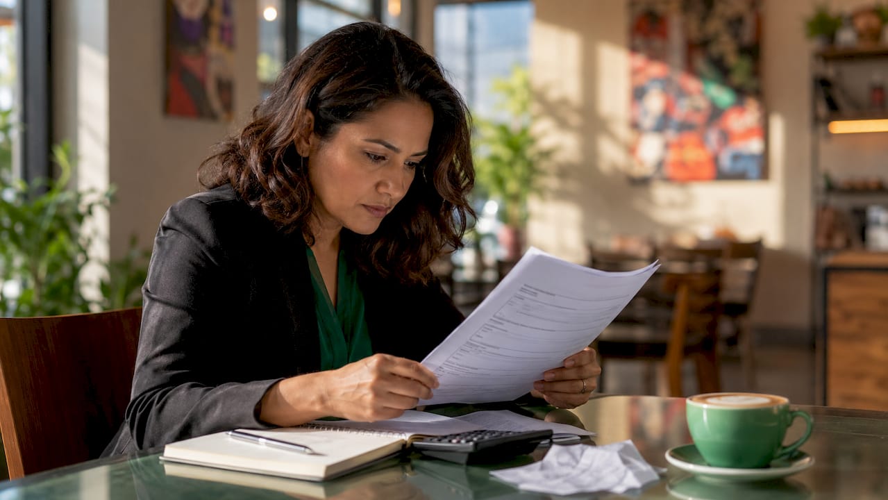 Woman reviewing franchise revenue documents