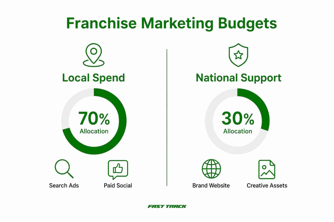Infographic illustrating 70/30 franchise marketing budget split