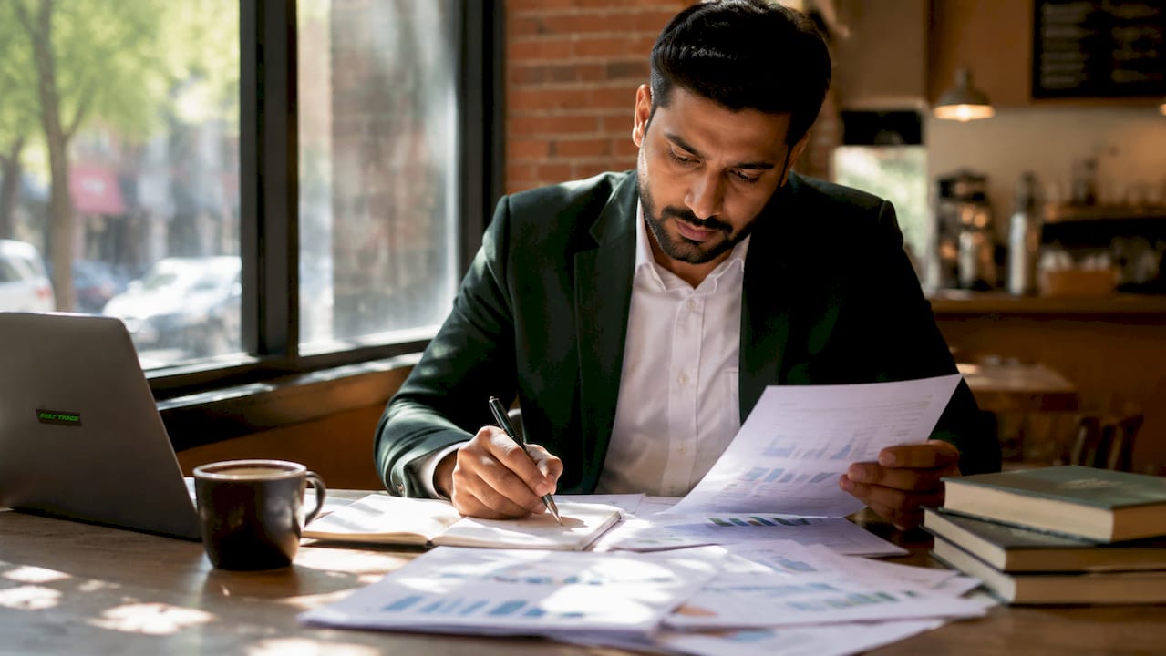Businessman reviewing franchise financial data