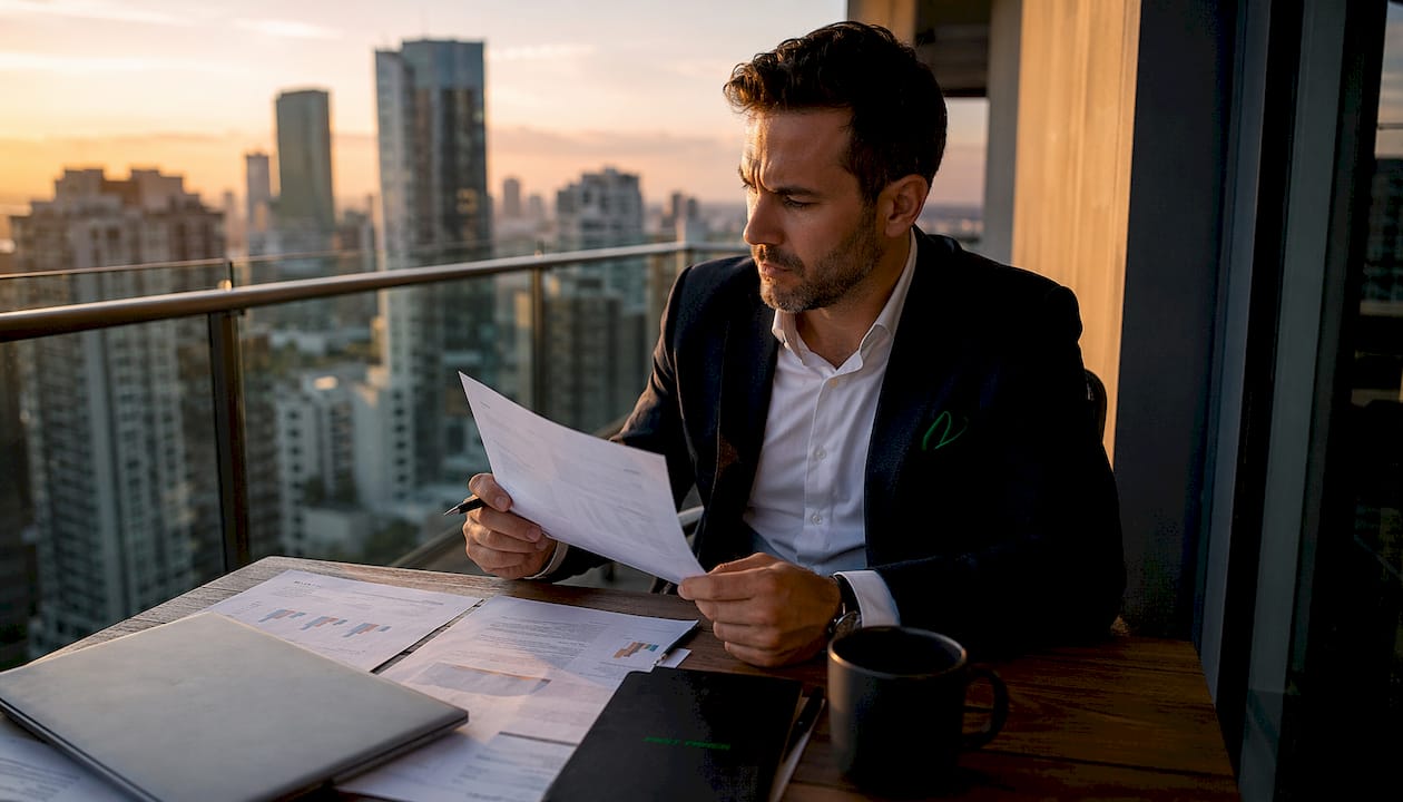 Professional reviewing franchise documents in office