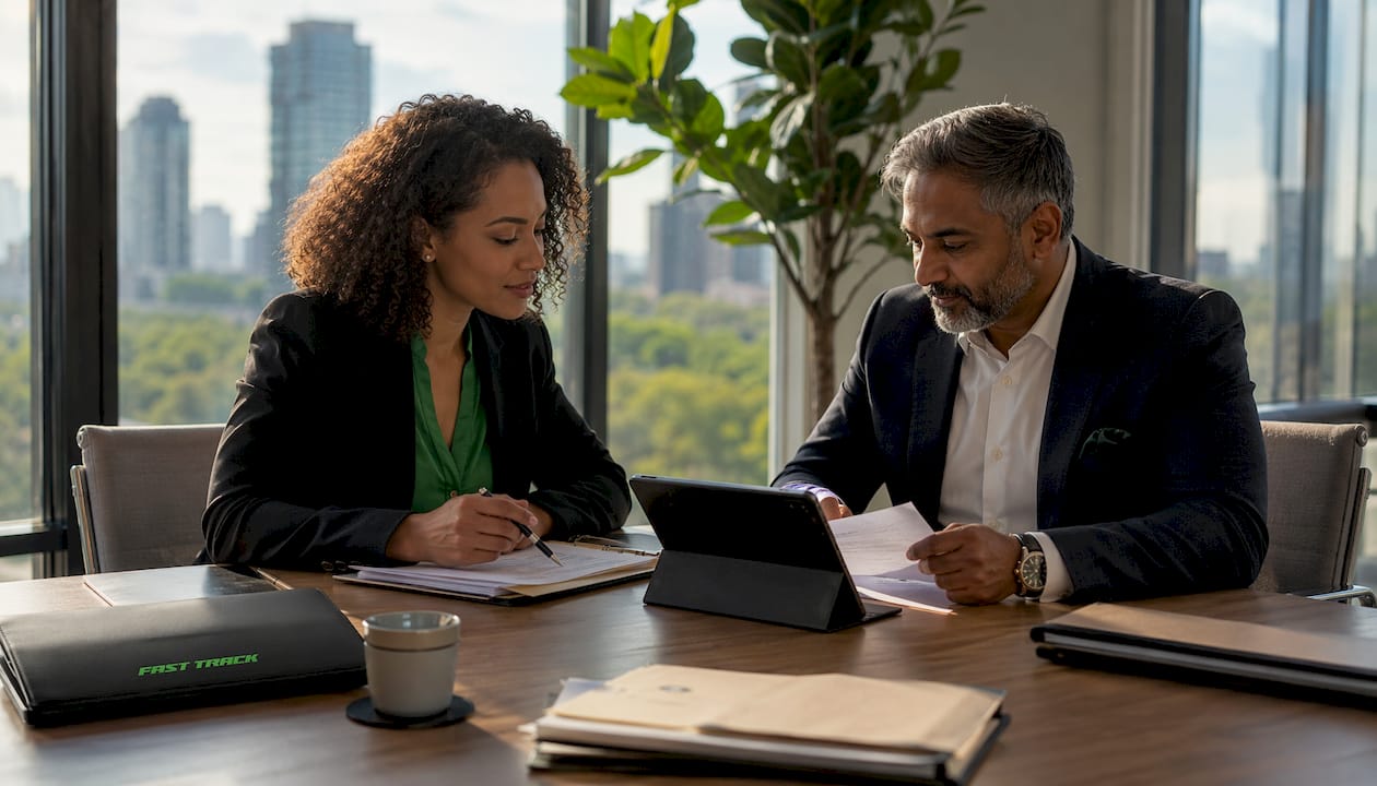 Business meeting reviewing franchise agreements
