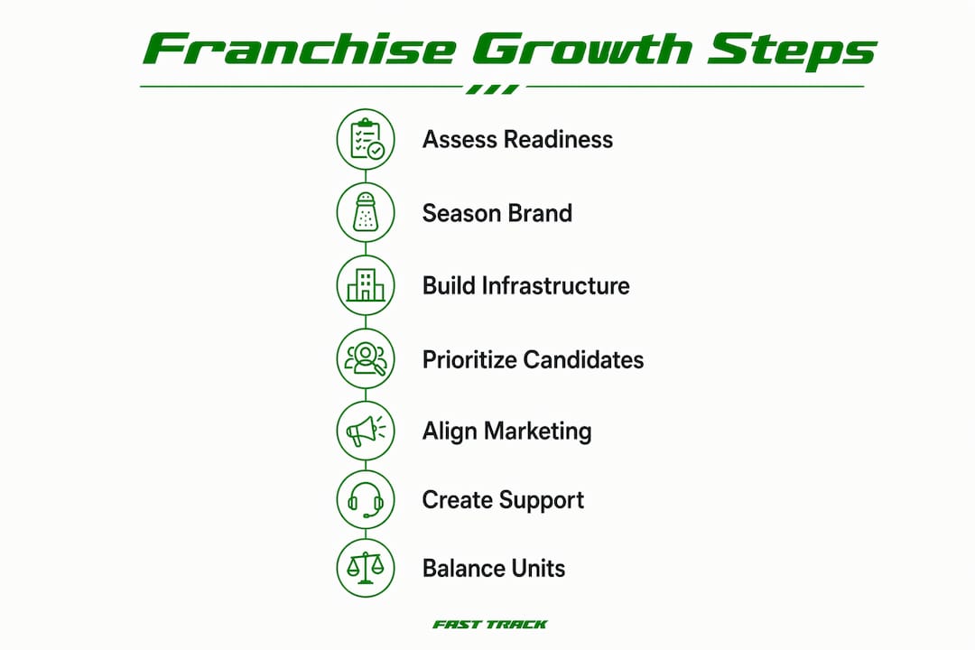 Infographic outlining seven key franchise growth steps