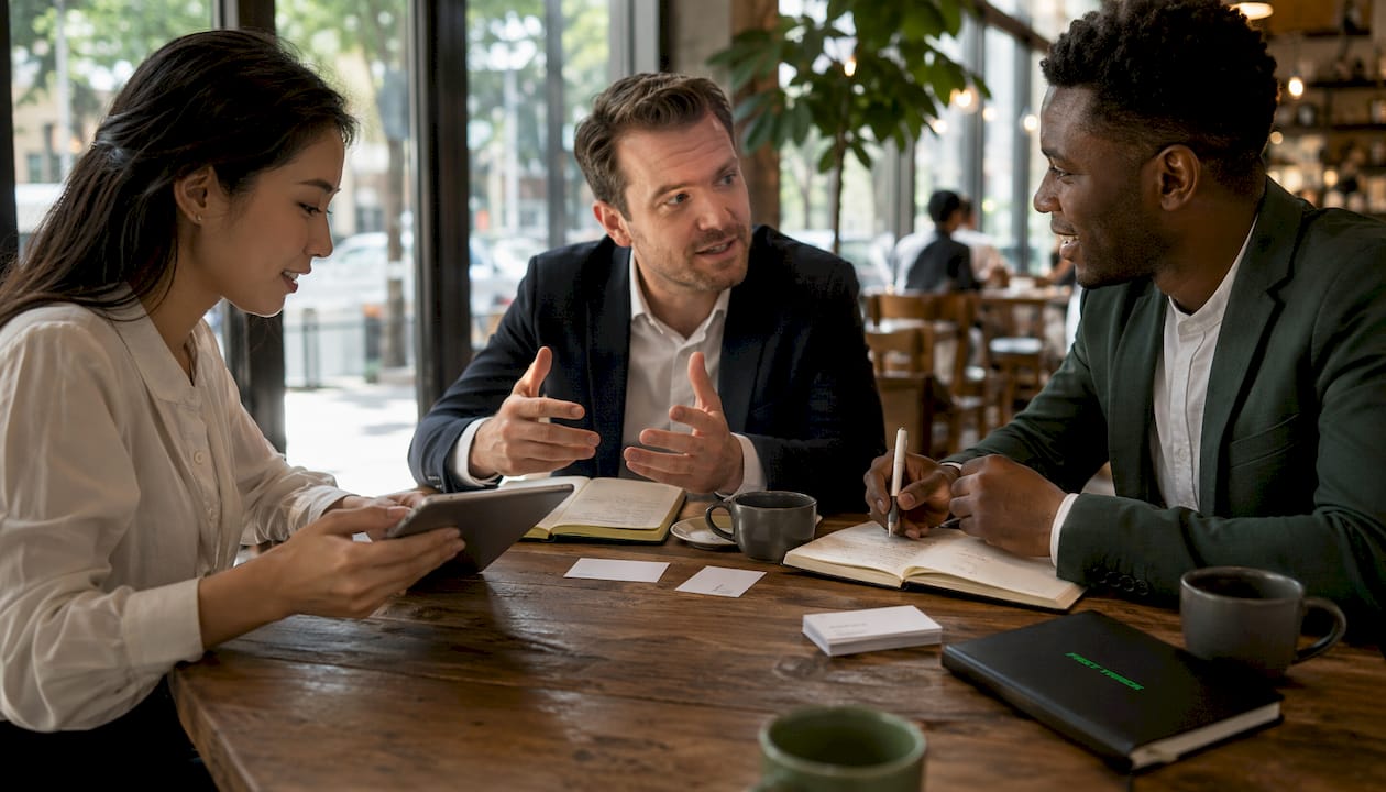 Business professionals collaborating on franchise data