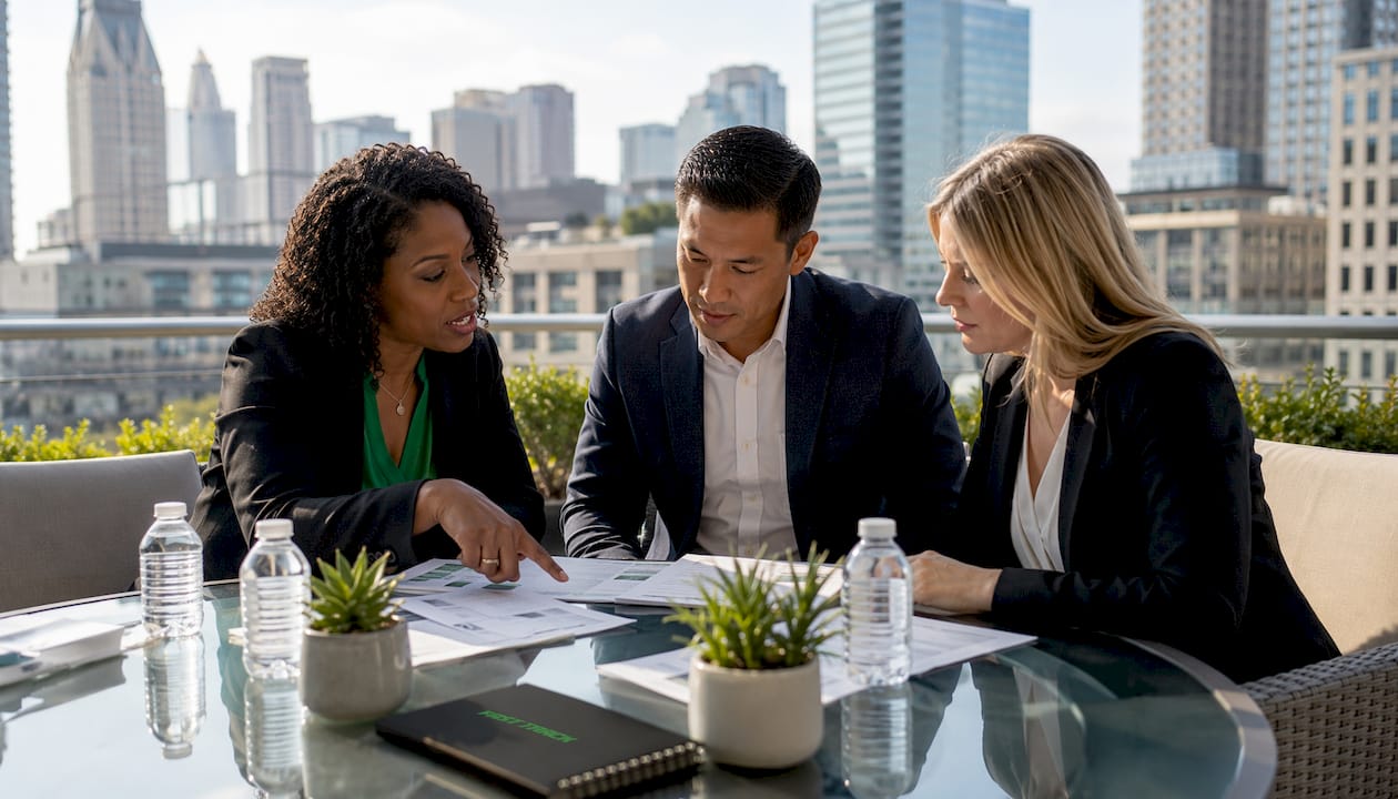 Executives reviewing franchise insurance policies