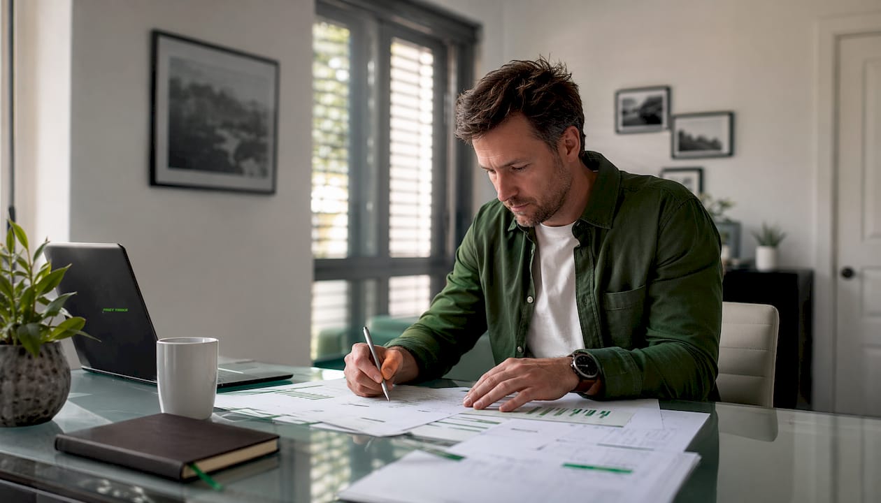 Owner reviewing financial documents at desk