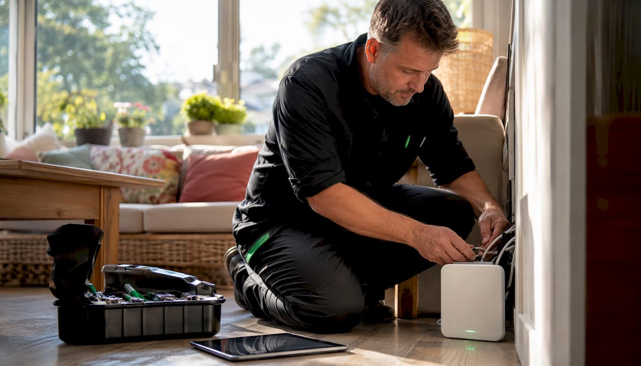 Technician installing smart home device indoors