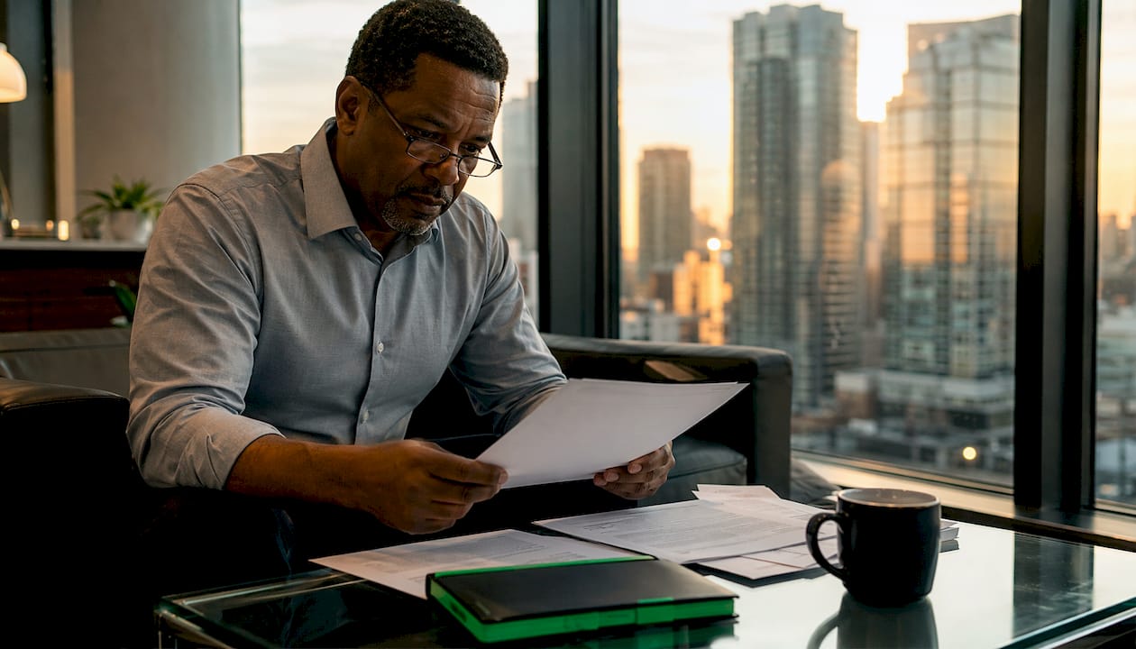 Executive reviewing franchise documents in office