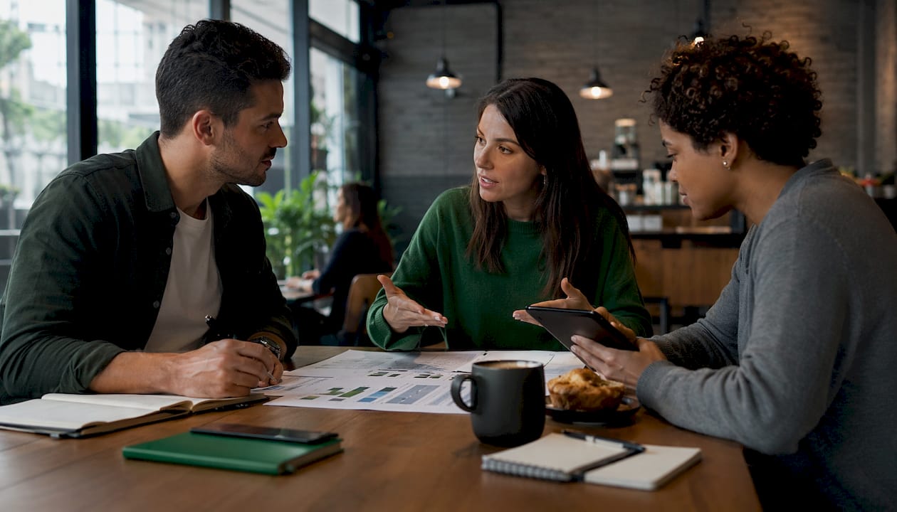 Professionals discussing franchise leads around table
