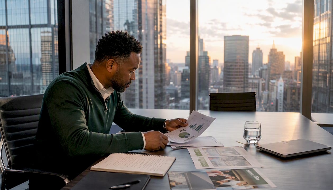 Franchise executive reviewing vendor reports at office desk
