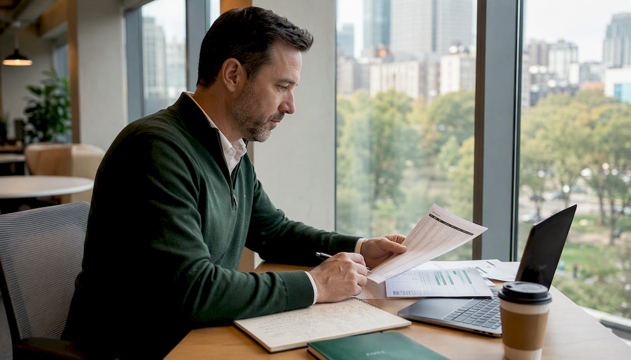 Man reviewing franchise prospect documents at desk
