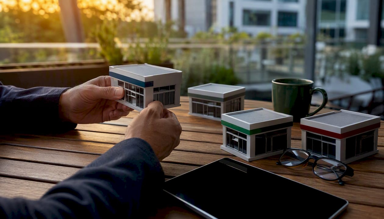 Investor hands arranging portfolio models on table