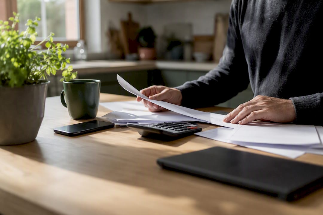 Hands arranging financial documents and calculator