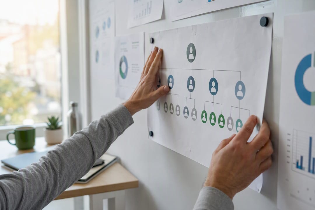 Hands adjusting franchise staffing model chart on corkboard