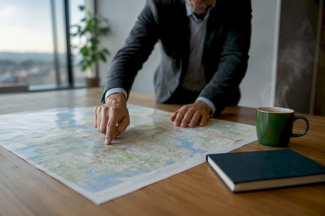 Hand pointing at business territory map