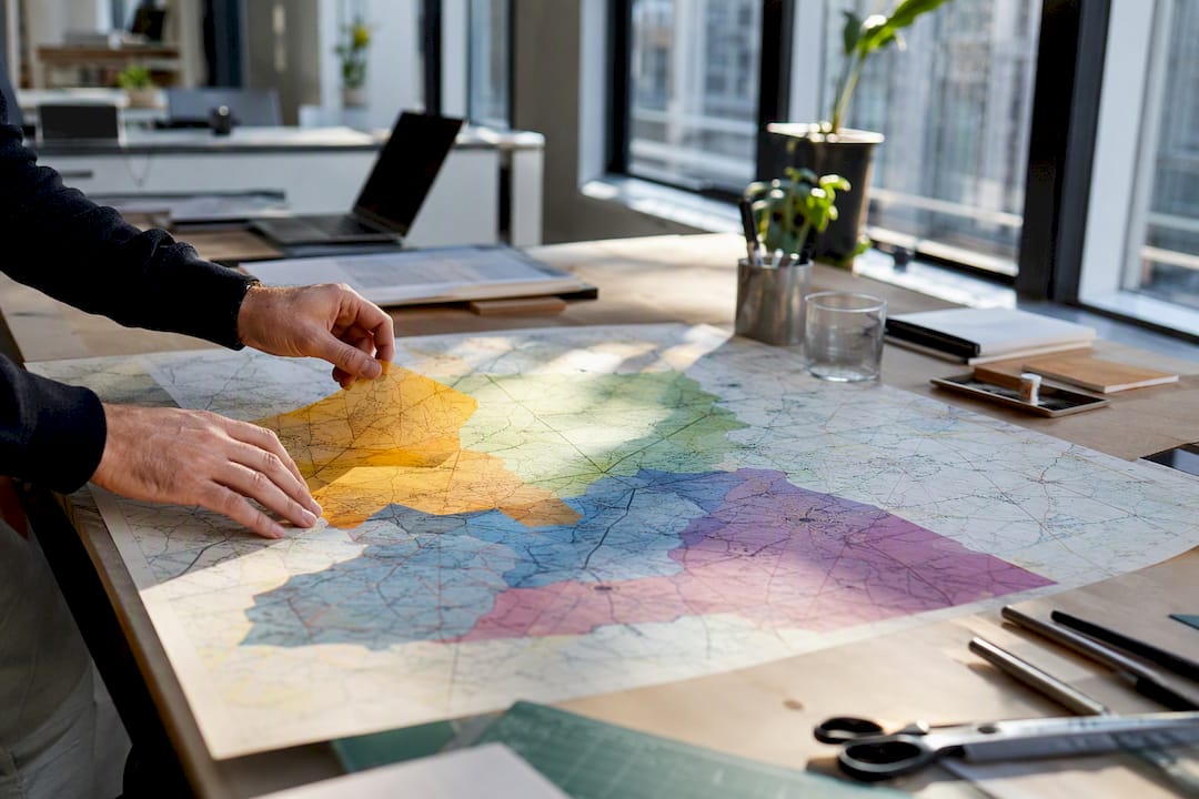 Hands arranging franchise territory overlays on map