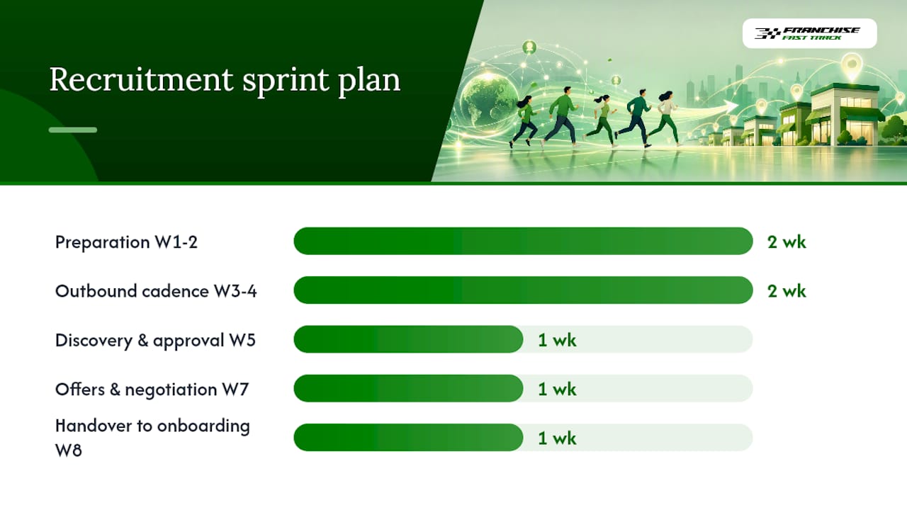 Timeline infographic of 8-week recruitment sprint milestones