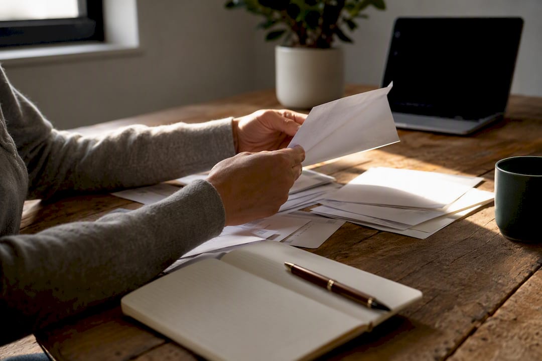 Hands scanning financial documents overhead
