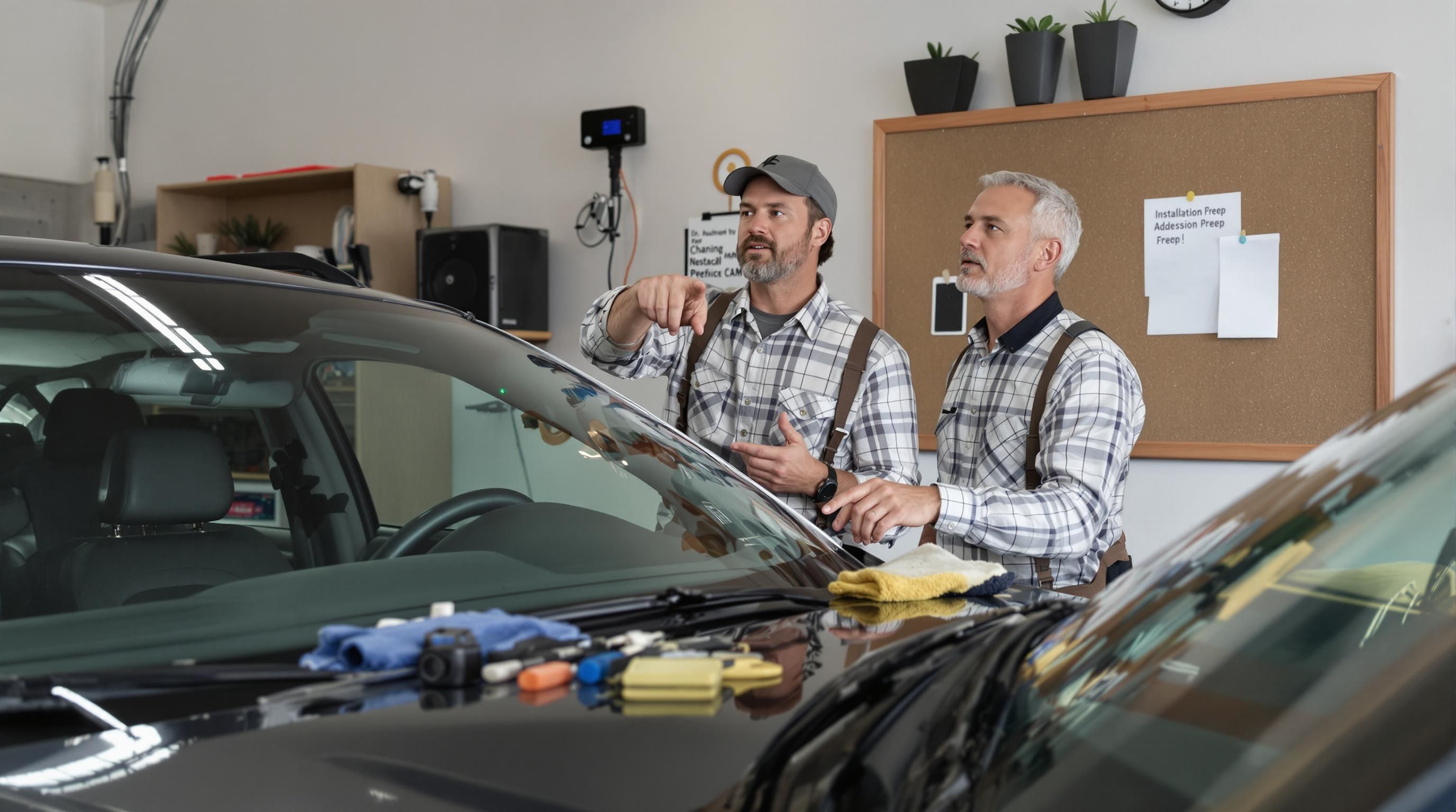 Drivers prepare car and tools for dash cam installation in garage