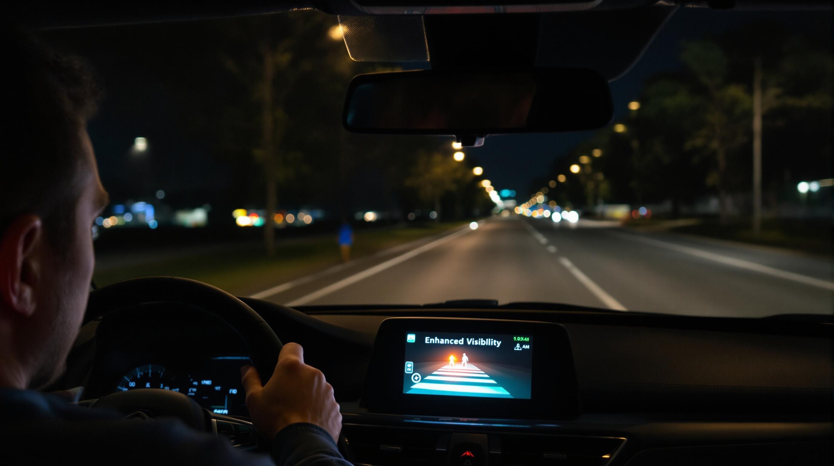 Driver reacting to dash cam's enhanced infrared road footage