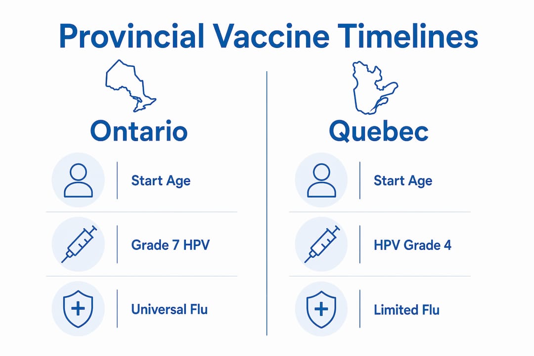 Comparison infographic of Ontario and Quebec vaccine schedules
