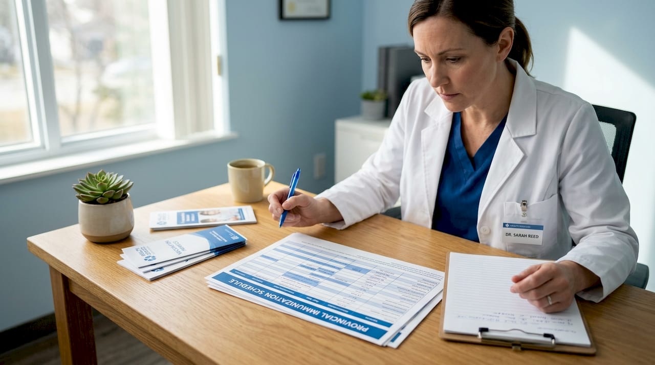 Healthcare worker reviewing vaccination schedule printout
