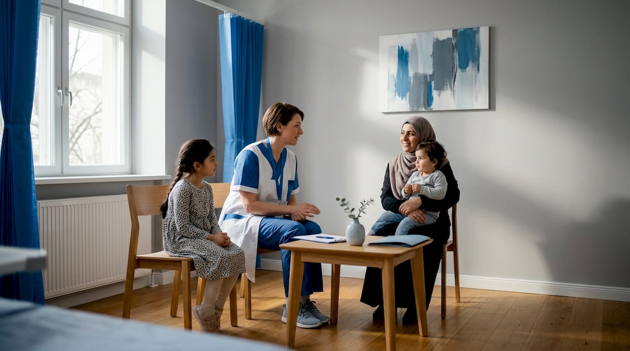 Doctor consulting refugee family in hospital