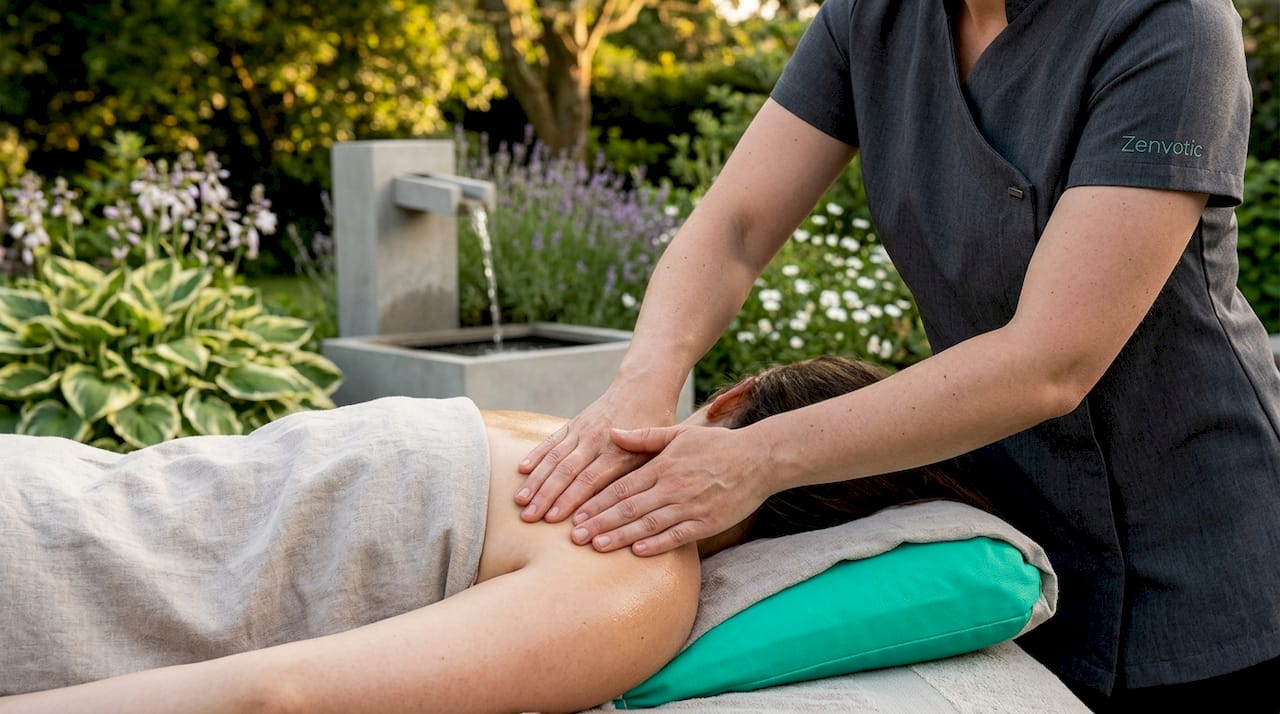 Therapist hands giving deep pressure massage on shoulder