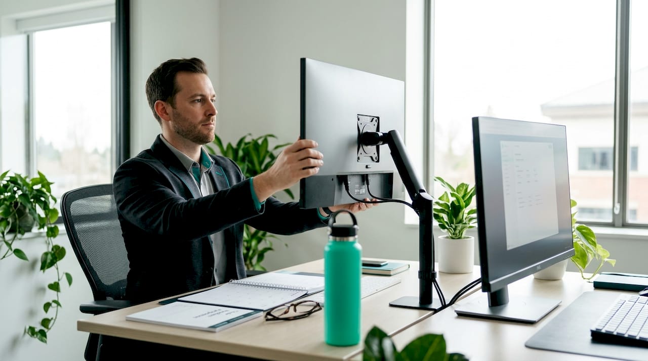 Man demonstrating ergonomic monitor height