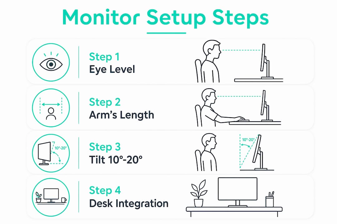 Infographic illustrating proper monitor positioning steps