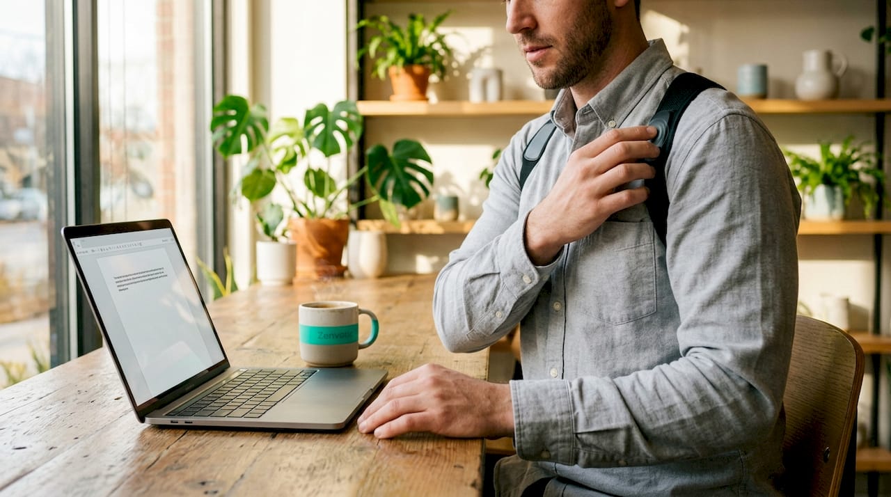 Man interacting with posture corrector device at desk