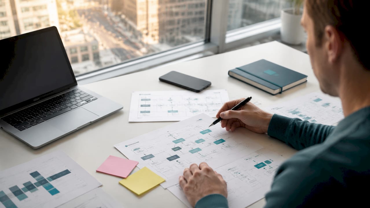 Skrivbord med dokument från CRM-systemet och en hand som håller i en digital penna
