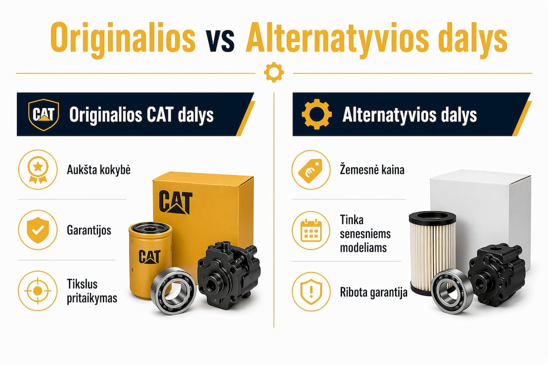 Infografikas, kuriame vizualiai palyginamos originalios ir alternatyvios CAT atsarginės dalys