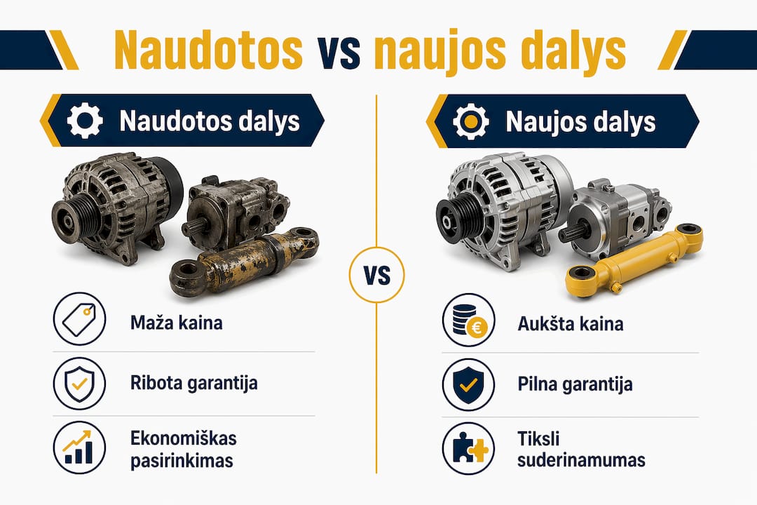 Pateikiame infografiką, kuriame aiškiai matyti naudotų ir naujų dalių skirtumai bei privalumai.