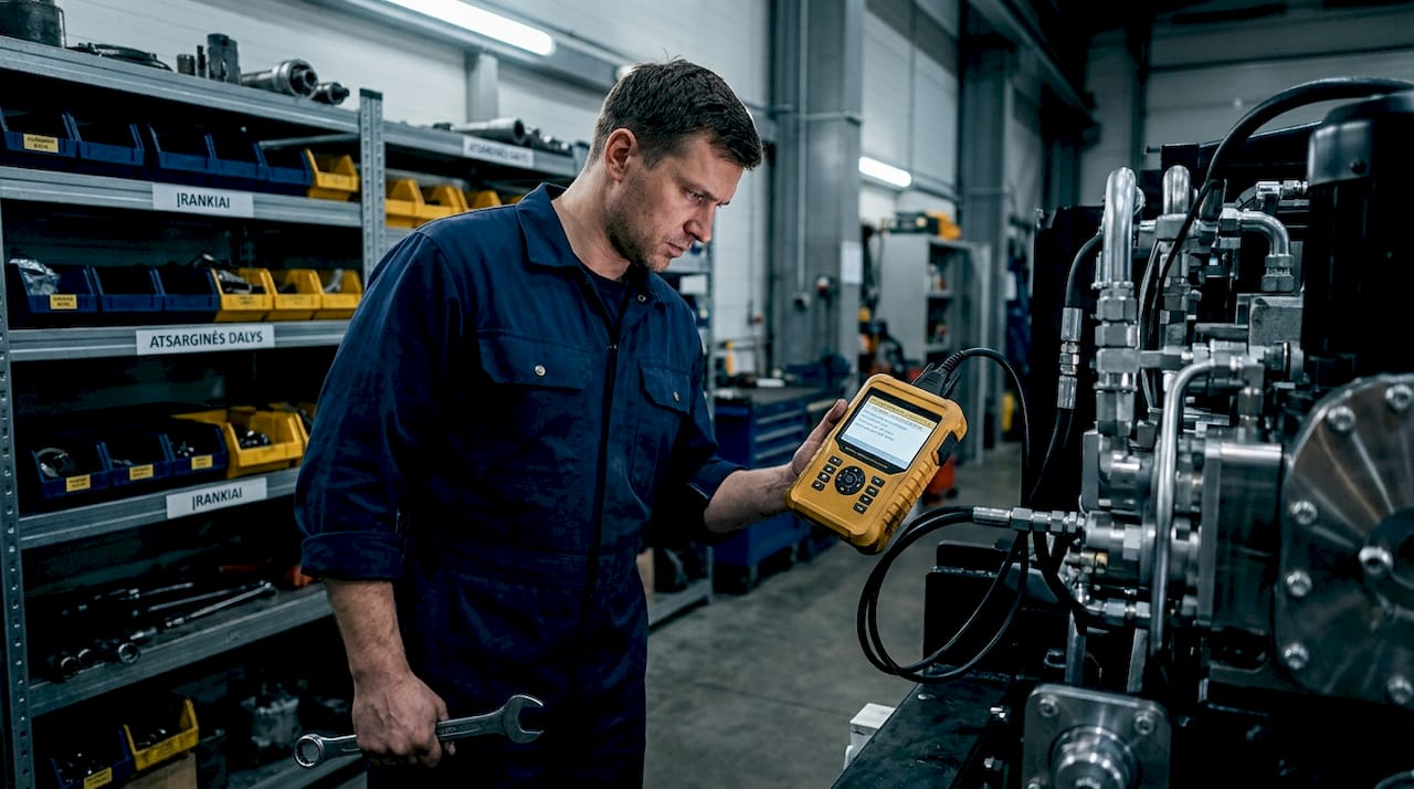 Automobilių meistras tikrina gedimą naudodamasis diagnostikos įranga.