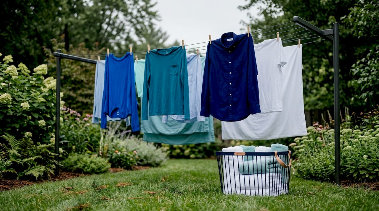 Cotton garments drying on outdoor clothesline