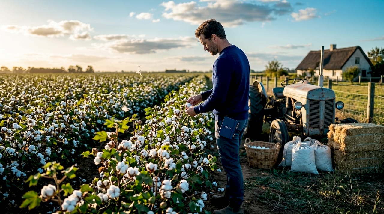 Organic cotton plants growing on a morning farm field