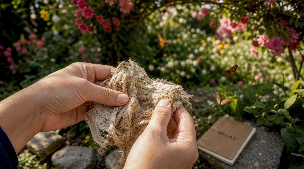 Hands showing decomposing biodegradable fabric outdoor