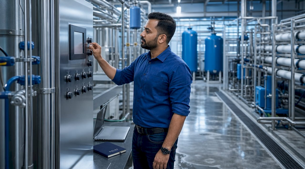 Technician adjusting closed-loop water system controls