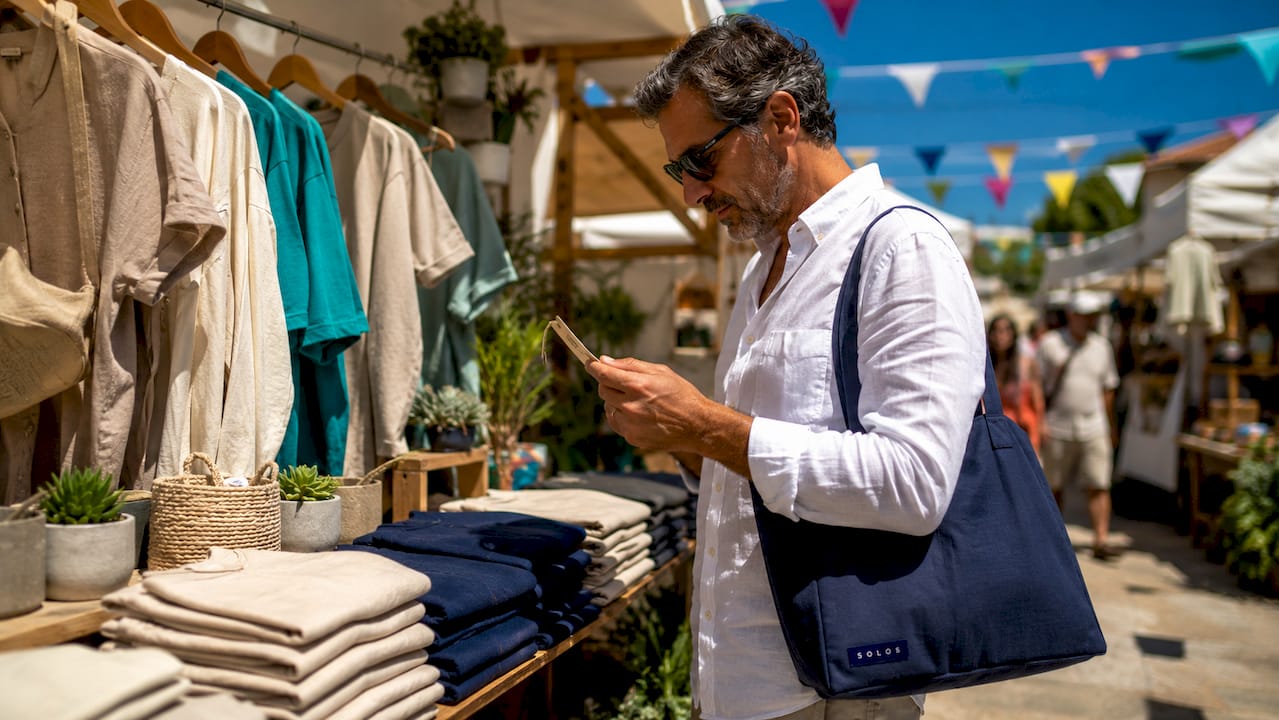 Overhead view of shopper examining sustainable clothing price tags