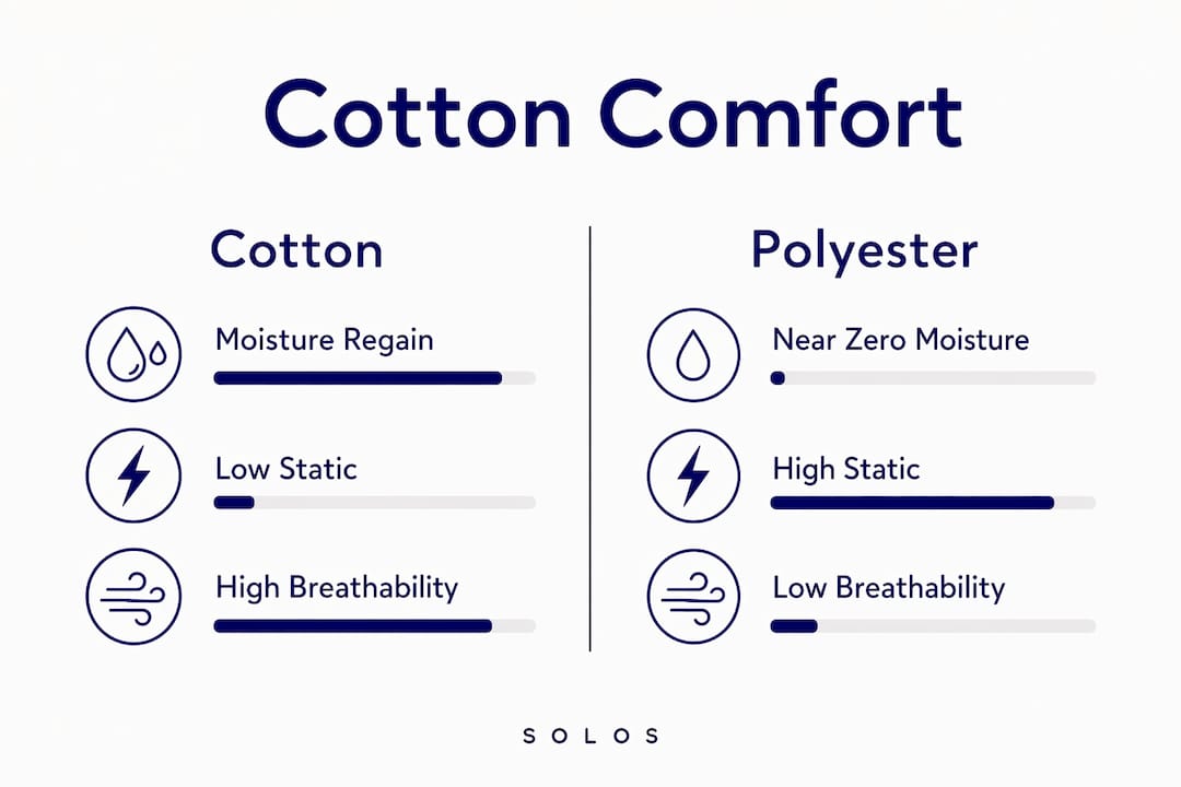 Infographic comparing cotton vs polyester comfort factors