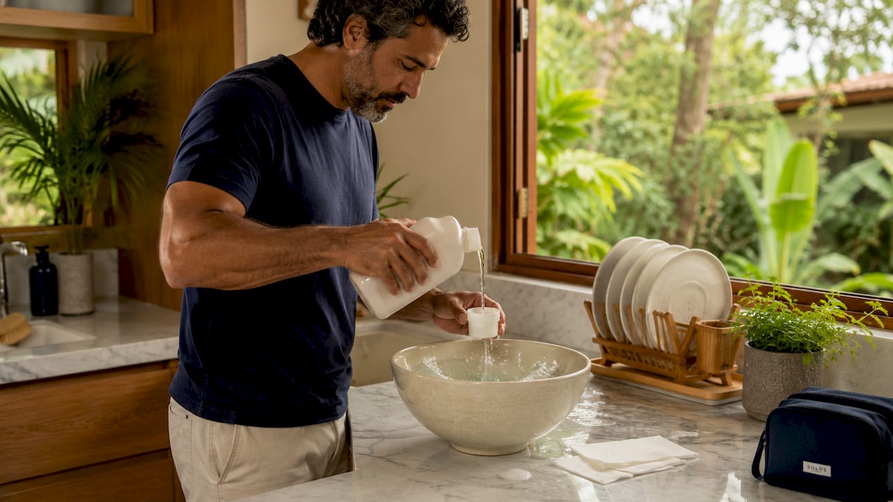 Hands pouring eco-friendly detergent measuring cup