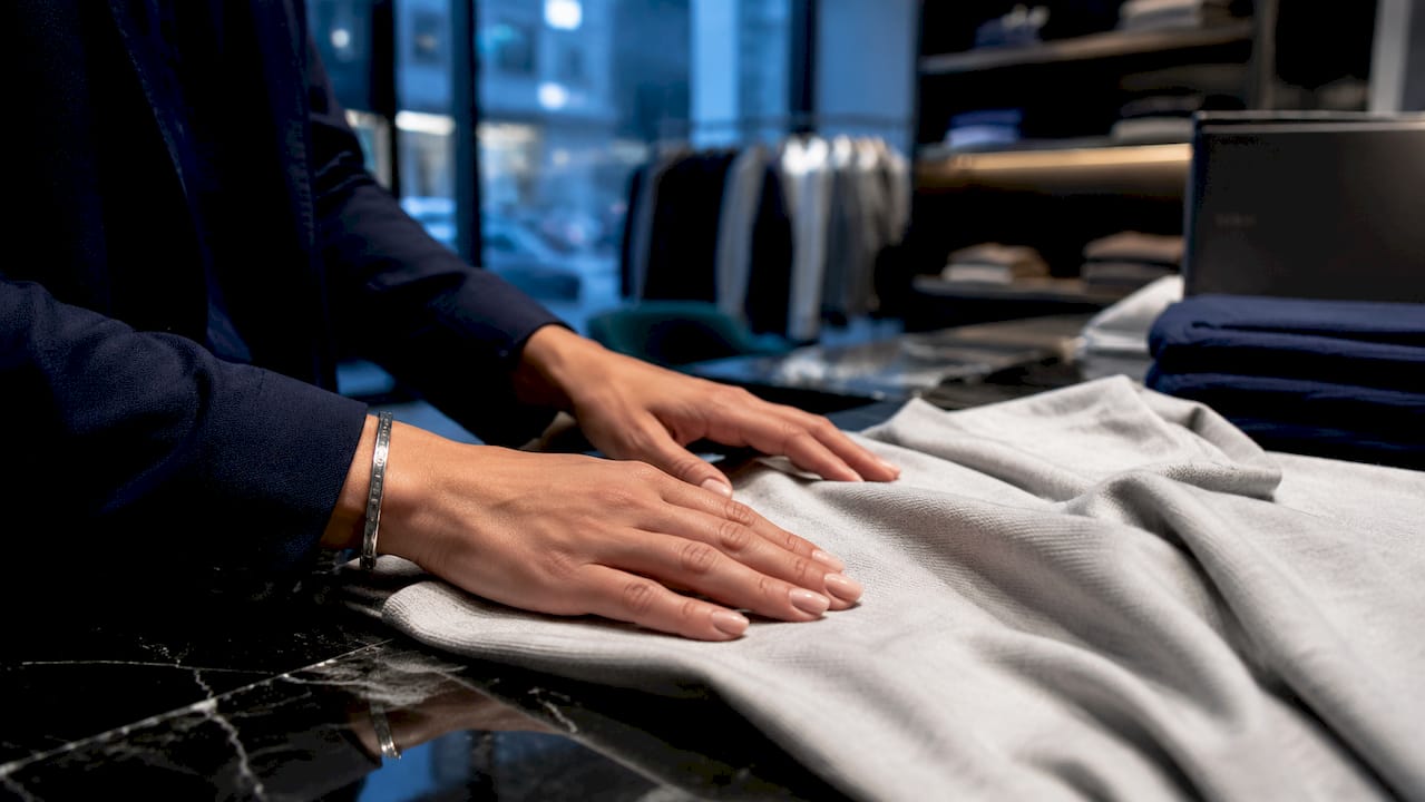 Close-up of hands touching cotton t-shirt texture