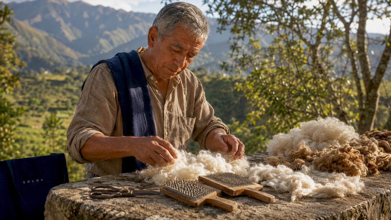 Hands sorting alpaca fibers in artisan workshop