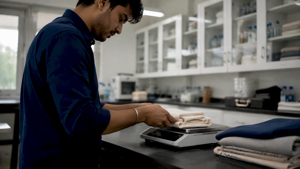 Hands weighing cotton fabric on digital scale
