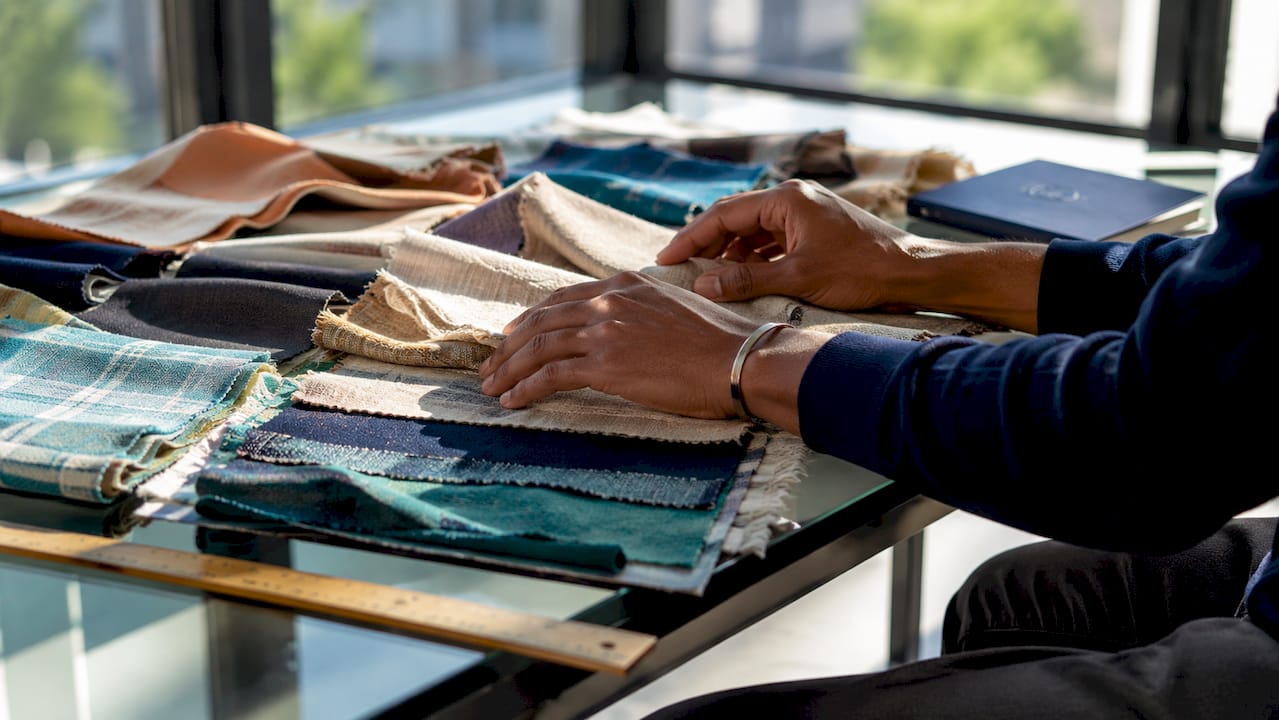 Hands feeling organic fabric textures