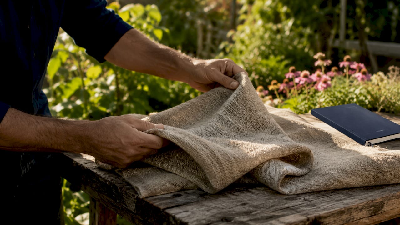 Close-up hands stretching hemp fabric texture